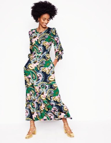 Boden Tabitha Tiered Jersey Dress in Green, Botanical Paisley ~ womens floral print long sleeve fit and flare dresses