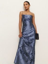 Reformation Frankie Silk Dress in Trieste Border / blue silky floral maxi slip dresses / strappy evening occasion clothes