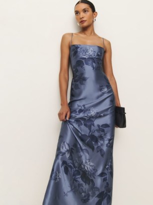 Reformation Frankie Silk Dress in Trieste Border / blue silky floral maxi slip dresses / strappy evening occasion clothes