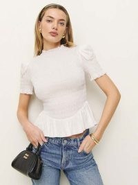 Reformation Aggie Top in White | fitted puff shoulder peplum tops