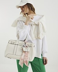 River Island White Large Charm Tote Bag – faux leather top hand bags