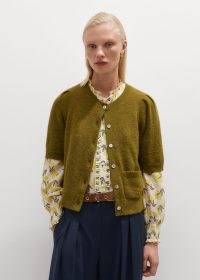 me and em Responsible Alpaca Pouf Sleeve Cardi Tee in Bright Olive – women’s dark green short sleeve puff shoulder cardigans