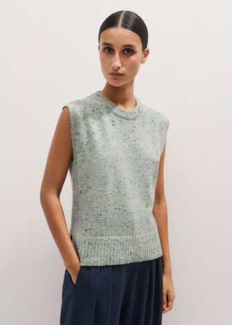 me and em Wool Cashmere Layering Vest in Green Multi – soft feel speckled vests – women’s luxe knitted sleeveless sweater