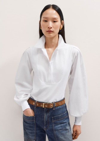 ME and EM Texture Clash Layering Shirt Mixed-Media Cotton Jersey + Poplin in Fresh White | women’s balloon sleeve pullover style shirts