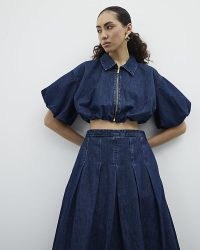 River Island Blue Denim Short Sleeve Bubble Hem Top | cropped collared zip up blouson style tops