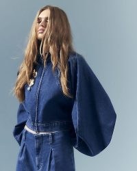 River Island Blue Denim Zip Batwing Jacket | women’s cropped balloon sleeve jackets