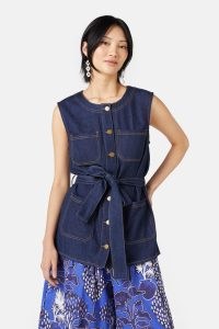 gorman Indigo Blues Denim Vest | women’s dark blue organic cotton tie waist vests