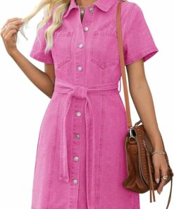 Pink Button Down Denim Shirt Dress SN30