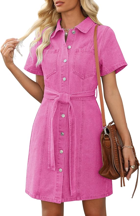 Pink Button Down Denim Shirt Dress SN30