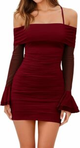 Red Y2K Ruffled Long Sleeve Halter Dress SN20